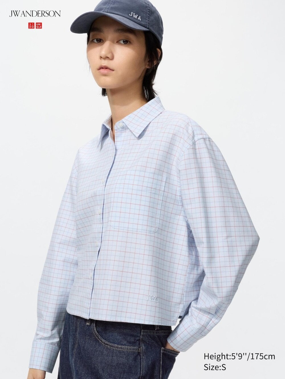 UNIQLO x JW Anderson Oxford Boxy Cropped Checked Shirt Blue Size Small EUC